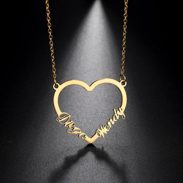 Thin Heart Couple Name Necklace