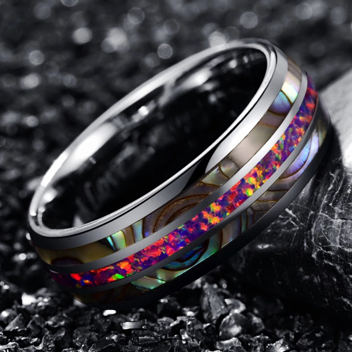 Tungsten Rainbow Fire Wedding Ring With Abalone Shell