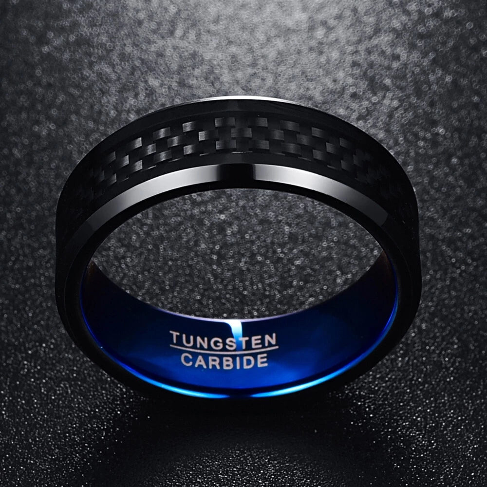 Blue Tungsten Unisex Wedding Band with Black Carbon Fiber