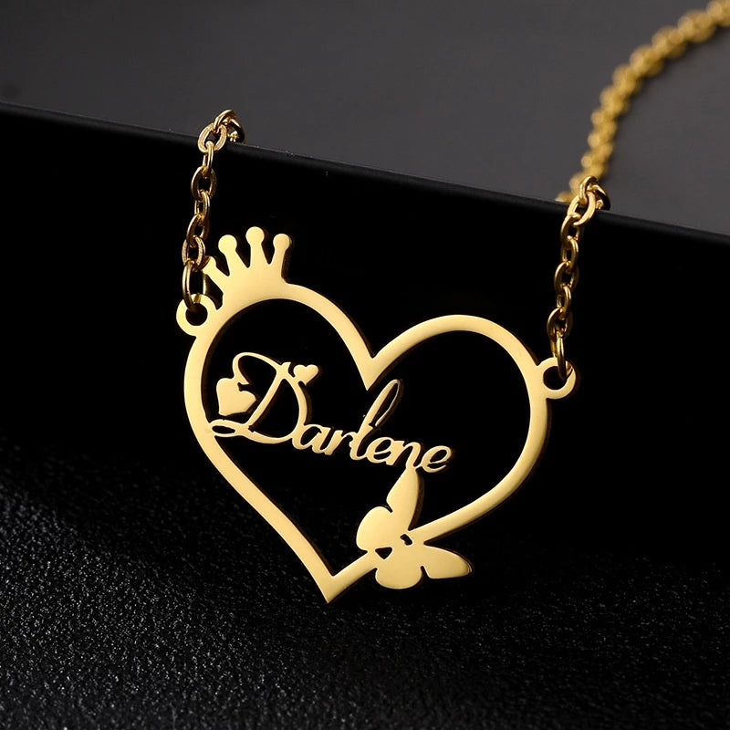 Personalized Heart Name Necklace with Crown