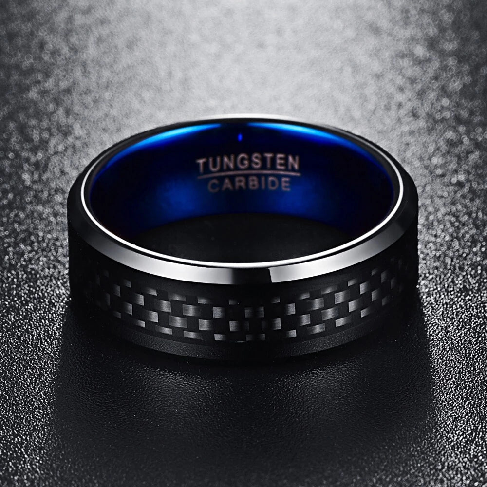 Blue Tungsten Unisex Wedding Band with Black Carbon Fiber