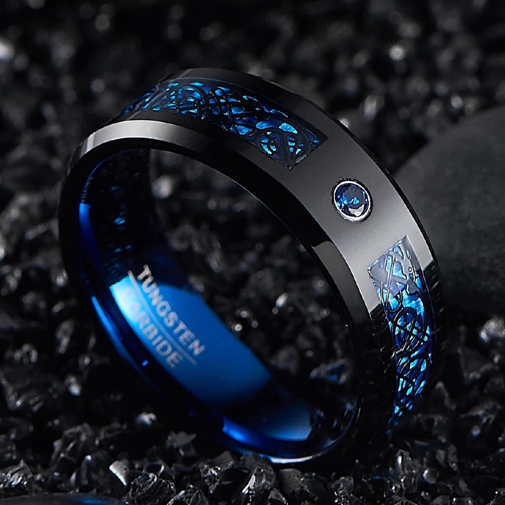 8mm Blue Carbon Fiber Black Celtic Dragon Tungsten Carbide Ring