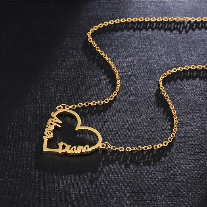 Thin Heart Couple Name Necklace