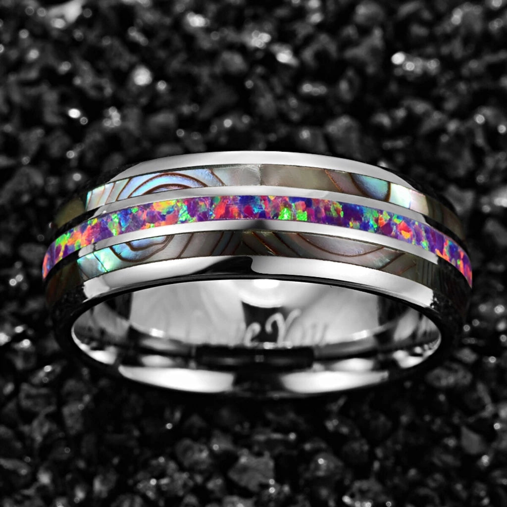 Tungsten Rainbow Fire Wedding Ring With Abalone Shell