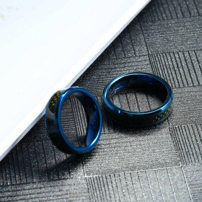 Blue Tungsten Unisex Wedding Band with Black Carbon Fiber