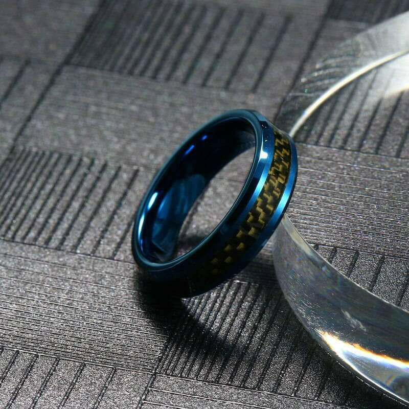 Blue Tungsten Unisex Wedding Band with Black Carbon Fiber