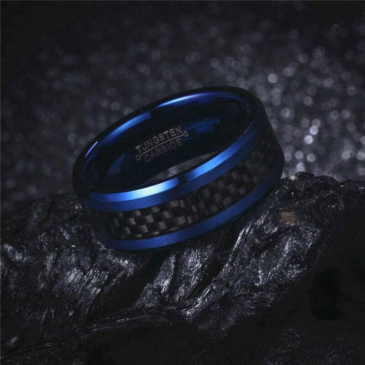 Blue Tungsten Unisex Wedding Band with Black Carbon Fiber