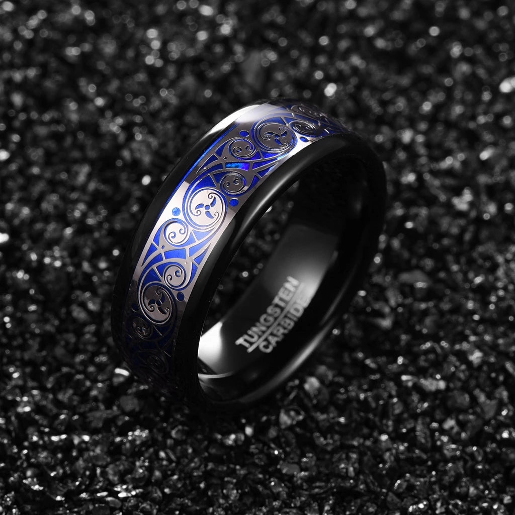 Tungsten Carbide Ring with Blue Background Triple Spiral Pattern Inlay