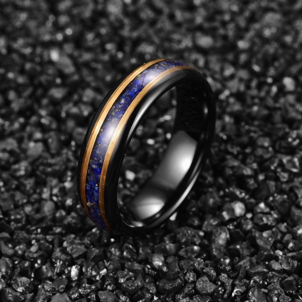 Black Tungsten Koa & Lapis Lazuli Engagement Ring