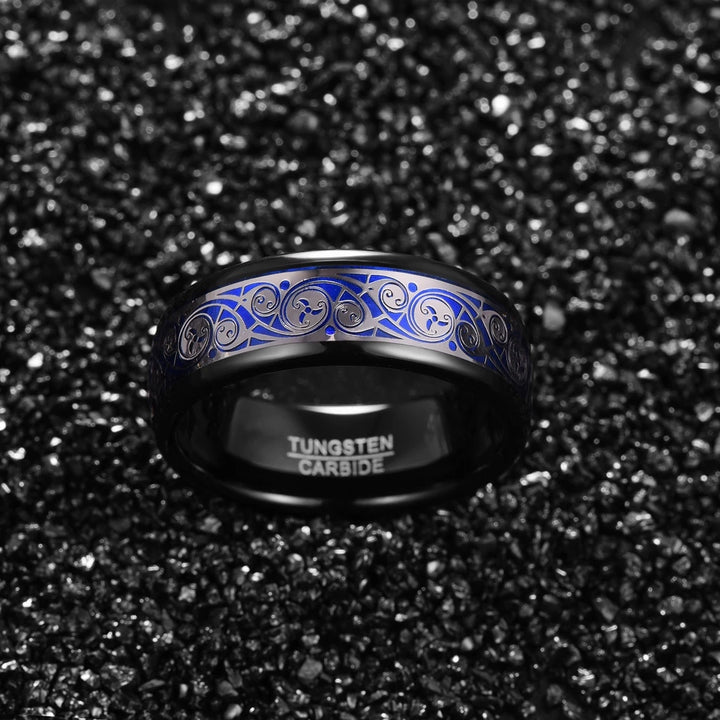 Tungsten Carbide Ring with Blue Background Triple Spiral Pattern Inlay