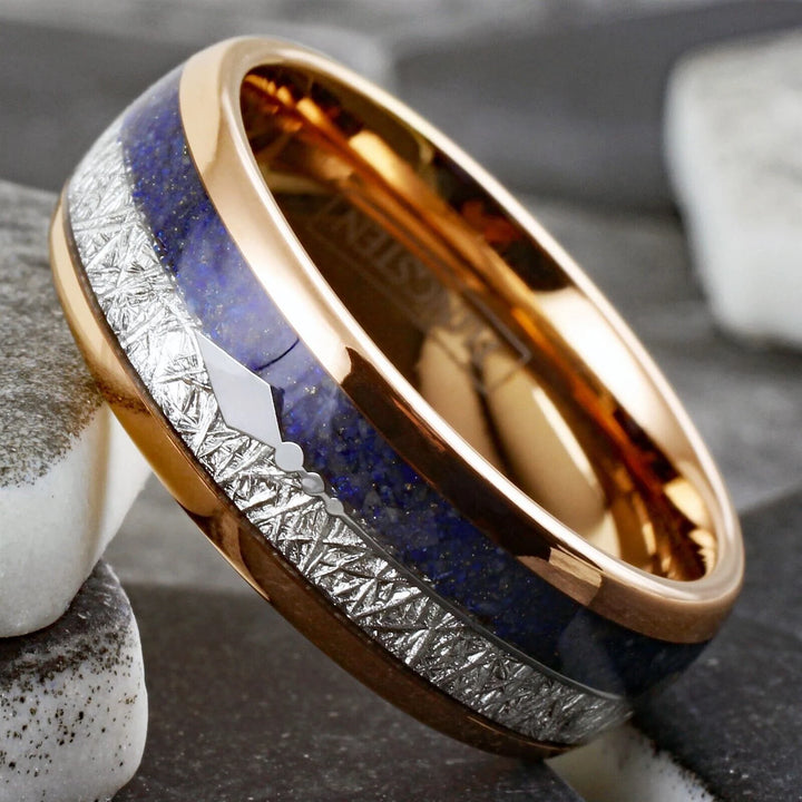 Rose Gold Blue Lapis Lazuli Meteorite  Wedding Ring